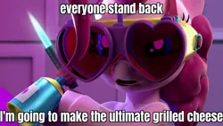 Size: 1920x1080 | Tagged: 3d, blowtorch, caption, derpibooru import, edit, edited screencap, goggles, hello pinkie pie, hoof hold, image macro, meme, pinkie pie, safe, screencap, solo, text, torchie pie