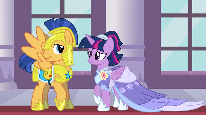 1828507 - safe, derpibooru import, flash sentry, twilight sparkle, twilight  sparkle (alicorn), alicorn, pegasus, pony, the last problem, armor,  canterlot castle, clothes, coronation dress, dress, female, flashlight,  friendship, hearts and hooves day,