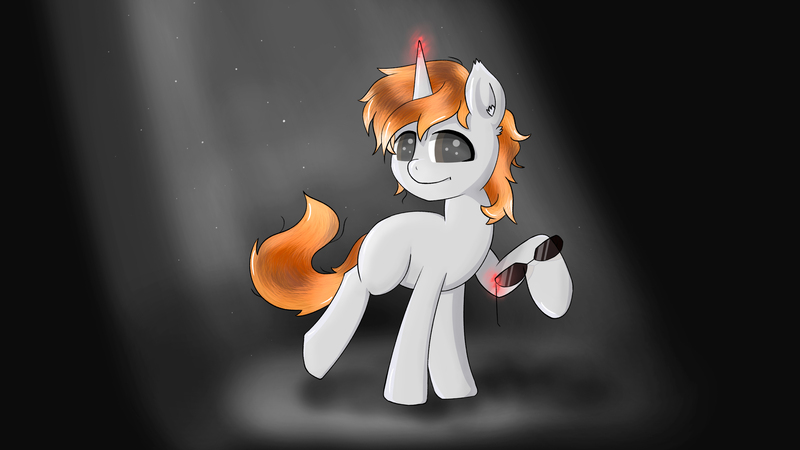 Size: 3556x2000 | Tagged: source needed, safe, artist:kolonsky, derpibooru import, oc, oc:darkmind, unofficial characters only, pony, unicorn, blind, dark background, glowing horn, horn, levitation, light, magic, male, solo, sunglasses, telekinesis