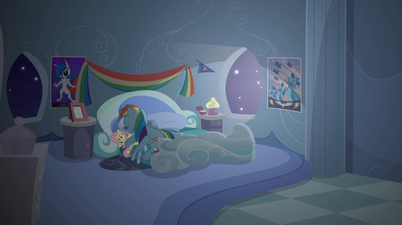 Size: 1440x808 | Tagged: safe, artist:brutalweather studio, derpibooru import, fluttershy, rainbow dash, pegasus, pony, bed, cute, implied flutterdash, implied lesbian, implied shipping, plushie, prone, rainbow dash's bedroom, rainbow dash's house, sleeping, the cutie remark prequel, wonderbolts, youtube link