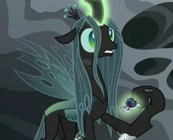 Size: 1319x1071 | Tagged: changeling, changeling larva, changeling queen, cropped, derpibooru import, edit, edited screencap, female, grub, grubber, magic, male, my little pony: the movie, pun, queen chrysalis, safe, screencap, shocked, telekinesis, the times they are a changeling