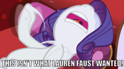 Size: 600x336 | Tagged: animated, bait, blasphemy, caption, crying, derpibooru import, drama, drama bait, edit, edited screencap, fainting couch, flailing, gif, gif with captions, heresy, image macro, lauren faust, lesson zero, loop, marshmelodrama, meme, panic, rarity, rarity being rarity, reaction image, safe, screencap, solo, text, the worst possible thing, whining, word of faust