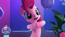 Size: 800x450 | Tagged: safe, derpibooru import, screencap, pinkie pie, earth pony, hello pinkie pie, 3d, animated, armpits, gif, gumball machine, plant, solo