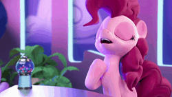 Size: 800x450 | Tagged: safe, derpibooru import, screencap, pinkie pie, earth pony, hello pinkie pie, 3d, animated, desk, eye flutter, gif, gumball machine, plant, solo