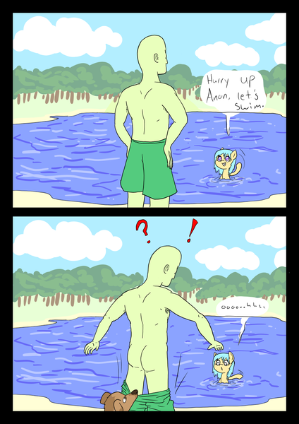 Size: 1000x1414 | Tagged: suggestive, artist:happy harvey, derpibooru import, oc, oc:anon, oc:little league, unofficial characters only, dog, earth pony, human, pony, 2 panel comic, armpits, assisted exposure, butt, colored, colored pupils, comic, dialogue, drawn on phone, flashing, lake, nudity, pantsed, swimming, wingding eyes