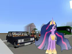 Size: 2048x1536 | Tagged: safe, derpibooru import, edit, editor:topsangtheman, princess twilight 2.0, twilight sparkle, twilight sparkle (alicorn), alicorn, pony, the last problem, bus, car, game screencap, minecraft, older, older twilight, photoshop