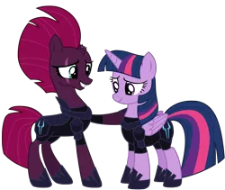 Size: 12012x10137 | Tagged: safe, artist:ejlightning007arts, derpibooru import, tempest shadow, twilight sparkle, twilight sparkle (alicorn), alicorn, unicorn, my little pony: the movie, armor, base used, broken horn, eye scar, fallen hero, female, hoof on chin, hoof on shoulder, horn, lesbian, raised hoof, scar, shipping, simple background, storm army, tempestlight, traitor sparkle, transparent background, vector