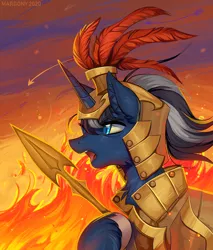 Size: 1024x1200 | Tagged: safe, artist:margony, derpibooru import, oc, oc:procellus, unofficial characters only, pony, unicorn, armor, fire, male, solo, spear, stallion, weapon