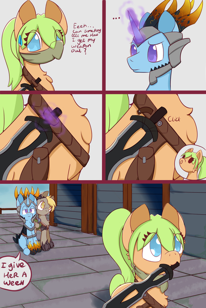 Size: 2000x2984 | Tagged: safe, artist:backgroundpony#f352, derpibooru import, dauntless, oc, oc:green envy, oc:only, pegasus, unicorn, blue eyes, comic, magic, sword, weapon