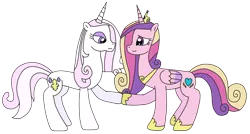 Size: 3052x1637 | Tagged: safe, artist:supahdonarudo, derpibooru import, fleur-de-lis, princess cadance, alicorn, pony, unicorn, crown, facing each other, female, fleurdance, folded wings, grin, holding hooves, infidelity, jewelry, lesbian, lidded eyes, looking at each other, necklace, regalia, shipping, simple background, smiling, transparent background, wings