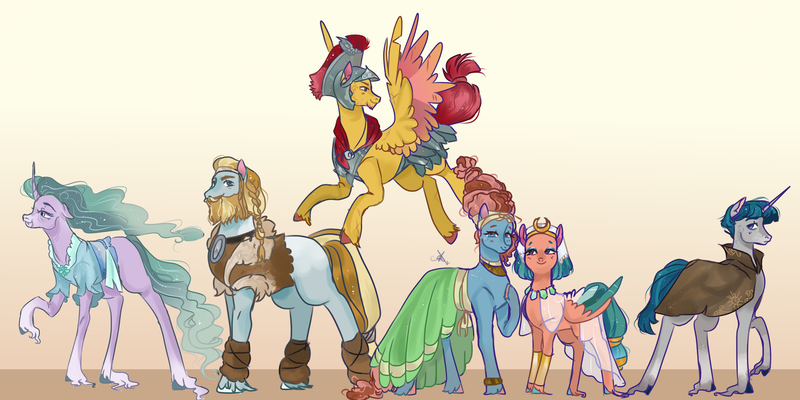 Size: 5000x2500 | Tagged: safe, artist:bunnari, derpibooru import, flash magnus, meadowbrook, mistmane, rockhoof, somnambula, star swirl the bearded, stygian, earth pony, pegasus, pony, unicorn, armor, cape, clothes, colored hooves, dress, female, flying, gradient background, helmet, high res, male, mare, missing accessory, pillars of equestria, scar, stallion, story included, unshorn fetlocks