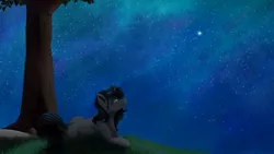 Size: 1920x1081 | Tagged: safe, artist:crimsonwolf360, derpibooru import, oc, oc:midnight shadow, unofficial characters only, pony, unicorn, black hair, blue eyes, female, grass, looking up, mare, night, night sky, sky, solo, stargazing, stars, tree
