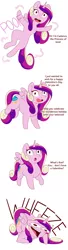 Size: 1000x3658 | Tagged: safe, artist:evehly, derpibooru import, edit, editor:ember heartshine, princess cadance, alicorn, pony, :o, belly button, cadance laughs at your misery, chest fluff, cloud, comic, cropped, dialogue, exploitable meme, female, floating wings, hearts and hooves day, holiday, laughing, looking at you, mare, meme, missing accessory, obligatory pony, open mouth, poof, princess bitchdance, princess of love, raised hoof, simple background, smiling, solo, spread wings, teleportation, text, trolling, valentine's day, wheeze, white background, wide eyes, wings
