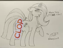 Size: 2048x1536 | Tagged: safe, artist:ratofdrawn, derpibooru import, oc, unofficial characters only, pony, unicorn, bronycon, bronycon 2019, censored, female, glowing horn, horn, lineart, mare, monochrome, raised hoof, signature, solo, speech, sticker, talking, traditional art, unicorn oc