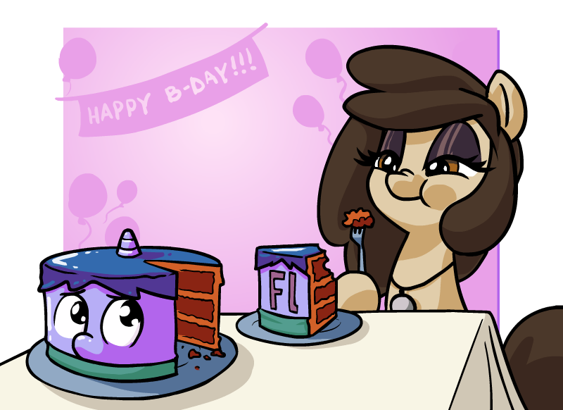 Size: 800x582 | Tagged: safe, artist:whateverbender, derpibooru import, oc, oc:bender watt, oc:louvely, unofficial characters only, alicorn, earth pony, pony, birthday, birthday cake, cake, dexterous hooves, eating, eyeshadow, female, food, food transformation, fork, hoof hold, inanimate tf, jewelry, lidded eyes, makeup, male, mare, necklace, nose wrinkle, puffy cheeks, stallion, transformation, vore