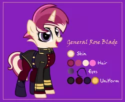 Size: 4000x3273 | Tagged: safe, artist:n0kkun, derpibooru import, oc, oc:general rose blade, unofficial characters only, pony, unicorn, belt, boots, clothes, coat, ear piercing, earring, female, jewelry, mare, military uniform, multicolored hair, open mouth, piercing, purple background, reference sheet, shoes, simple background, socks, solo, tail wrap