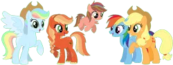 Size: 1258x476 | Tagged: safe, artist:camomiie, derpibooru import, applejack, rainbow dash, oc, oc:bellflower, oc:jazz apple, oc:suncrisp, appledash, base used, family, female, lesbian, magical lesbian spawn, offspring, parent:applejack, parent:rainbow dash, parents:appledash, shipping, simple background, transparent background