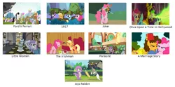 Size: 720x357 | Tagged: 1917, a friend in deed, a marriage story, angel bunny, apple bloom, applejack, blue lily, capper dapperpaws, cheese sandwich, cloudy quartz, cutie mark crusaders, derpibooru import, derpy hooves, discord, dragon quest, edit, edited screencap, female, ford v ferrari, games ponies play, griffon the brush off, gummy, hearthbreakers, igneous rock pie, jojo rabbit, joker (2019), limestone pie, little women, marble pie, maud pie, meadow song, merry may, my little pony: the movie, once upon a time in hollywood, opalescence, oscars, owlowiscious, parasite (movie), pie sisters, pinkie pie, pinkie pride, rainbow dash, rarity, safe, scootaloo, screencap, siblings, sisters, smile song, spike, sweetie belle, tank, the cart before the ponies, the irishman, twilight's kingdom, twilight sparkle, winona, young rarity