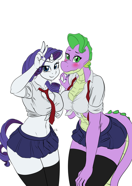 Size: 2508x3541 | Tagged: safe, artist:pia-sama, derpibooru import, rarity, spike, anthro, dragon, unicorn, barb, barity, belly button, breasts, busty barb, busty rarity, cleavage, clothes, commission, digital art, dragoness, dress shirt, female, front knot midriff, half r63 shipping, holding hands, lesbian, male, mare, midriff, miniskirt, peace sign, pleated skirt, rule 63, school uniform, schoolgirl, shipping, simple background, skirt, smiling, socks, sparity, stockings, straight, symmetrical docking, thigh highs, thighs, u.a. high school uniform, white background, zettai ryouiki