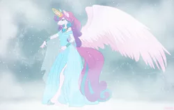 Size: 1714x1080 | Tagged: alicorn, anthro, artist:j3r1k0, blizzard, bracelet, clothes, colored wings, crown, crying, crystal empire, crystal heart, derpibooru import, dress, female, frown, frozen north, glowing horn, hoof shoes, hooves, horn, horn jewelry, horn ring, ice magic, jewelry, large wings, lidded eyes, long tail, magic, magic aura, mare, mourning, multicolored wings, nail polish, older, older flurry heart, outdoors, princess flurry heart, regalia, ring, sad, safe, snow, snowfall, solo, spread wings, storm, teary eyes, unguligrade anthro, unshorn fetlocks, walking, wings