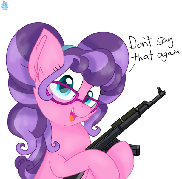 Size: 1680x1652 | Tagged: safe, artist:rainbow eevee, derpibooru import, petunia petals, earth pony, pony, rainbow roadtrip, akm, cheek fluff, cute, delet this, female, freckles, glasses, gun, hoof hold, looking at you, mare, meme, open mouth, petalbetes, pigtails, simple background, smiling, smiling at you, solo, talking, talking to viewer, teal eyes, text, threatening, weapon, white background