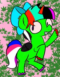 Size: 650x834 | Tagged: safe, artist:kortz, derpibooru import, oc, oc:zorse, alicorn, pony, alicorn oc, bow, drugs, ear piercing, horn, male, marijuana, marijuana leaf, multicolored hair, piercing, rearing, stallion, wings