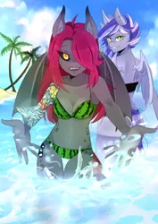 Size: 1700x2401 | Tagged: safe, artist:myrlok, derpibooru import, oc, oc:rainy night, oc:reiki, unofficial characters only, anthro, bat pony, pegasus, anthro oc, armpits, bat pony oc, bat wings, beach, bikini, blue sky, clothes, commission, female, hair over one eye, looking at you, open arms, palm tree, sleeve tattoo, swimsuit, tattoo, tree, water, wings, ych result