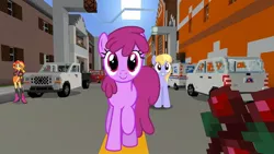 Size: 1334x750 | Tagged: safe, artist:topsangtheman, derpibooru import, edit, editor:topsangtheman, berry punch, berryshine, cloud kicker, sunset shimmer, pegasus, pony, equestria girls, ford, game screencap, looking at you, minecraft, photoshop, photoshopped into minecraft, spa castle