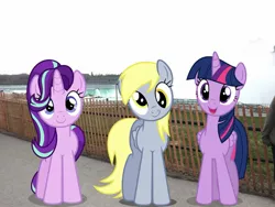 Size: 2049x1537 | Tagged: safe, derpibooru import, edit, editor:topsangtheman, derpy hooves, starlight glimmer, twilight sparkle, twilight sparkle (alicorn), alicorn, pegasus, pony, unicorn, irl, looking at you, new york, niagara falls, photo, ponies in real life