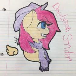 Size: 1080x1080 | Tagged: safe, artist:alilunaa, derpibooru import, oc, oc:daybreak strider, pegasus, pony, clothes, female, hat, lined paper, mare, profile, scarf, smiling, solo, traditional art