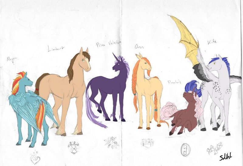 Size: 900x614 | Tagged: safe, artist:sdlhf, derpibooru import, oc, oc:dovetail, oc:kite, oc:lionheart, oc:magna, oc:oasis (sdlhf), oc:valerian, unofficial characters only, classical unicorn, pony, unicorn, cloven hooves, hybrid wings, leonine tail, mixed media, offspring, parent:big macintosh, parent:cheese sandwich, parent:flash sentry, parent:fluttershy, parent:pinkie pie, parent:rainbow dash, parent:rarity, parent:soarin', parent:thunderlane, parent:twilight sparkle, parents:cheesepie, parents:donutjack, parents:flashlight, parents:fluttermac, parents:rarilane, parents:soarindash, simple background, traditional art, unshorn fetlocks, white background, wings