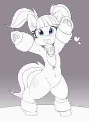 Size: 2925x4004 | Tagged: safe, artist:pabbley, derpibooru import, pacific glow, earth pony, pony, armpits, belly button, bipedal, cute, female, frog (hoof), glowbetes, happy, heart, high res, leg warmers, mare, monochrome, neo noir, open mouth, pacifier, partial color, pigtails, smiling, solo, underhoof