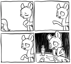 Size: 860x780 | Tagged: safe, artist:eto ya, derpibooru import, ponified, earth pony, pony, alcohol, bald, bottle, comic, depression, meme, monochrome, ponified meme, sad, sweat