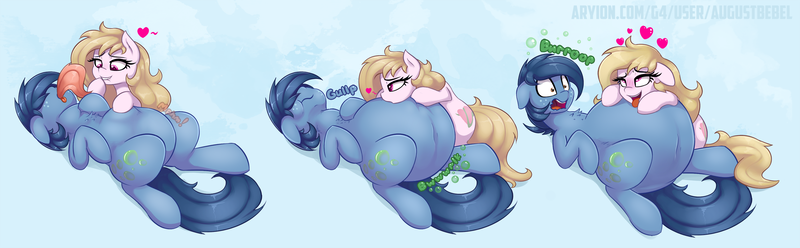 Size: 2584x800 | Tagged: questionable, semi-grimdark, artist:augustbebel, derpibooru import, oc, oc:coiled heart, oc:huckleberry bleu, unofficial characters only, earth pony, pony, ahegao, belly, belly expansion, big belly, burp, digestion, feedee, feeder, growth, kissing, open mouth, swallowing, tongue out, vore