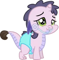 Size: 557x560 | Tagged: safe, artist:starryoak, derpibooru import, oc, oc:miracle, dracony, dragon, hybrid, pony, baby, breathing tube, diaper, interspecies offspring, offspring, parent:rarity, parent:spike, parents:sparity, sickly, simple background, solo, transparent background
