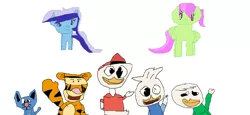 Size: 1362x626 | Tagged: safe, artist:1126jewel5, derpibooru import, merry may, minuette, anthro, big cat, bird, digitigrade anthro, duck, pegasus, pony, tiger, unicorn, 1000 hours in ms paint, crossover, dewey, disney, downvote bait, duck tales 2017, huey, huey dewey and louie, looking at you, louie, peep and the big wide world, simple background, tigger, tom (peep and the big wide world), white background