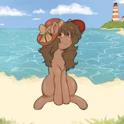 Size: 2000x2000 | Tagged: safe, artist:poofindi, derpibooru import, oc, oc:chocolate pudding, unofficial characters only, earth pony, beach, cloud, female, grass, lighthouse, looking at you, mare, ocean, sitting, smiling, solo, sunhat