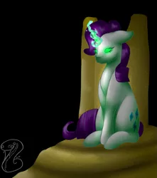 Size: 971x1100 | Tagged: safe, artist:fixielle, derpibooru import, rarity, pony, unicorn, black background, cutie mark, female, floppy ears, glowing eyes, glowing horn, horn, inspirarity, mare, open collaboration, possessed, queen, queen rarity, simple background, sitting, solo, throne