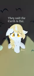 Size: 1080x2340 | Tagged: safe, artist:kotwitz, derpibooru import, oc, oc:aria taitava, pony, unicorn, blonde, braid, dialogue, flat earth, floppy ears, fluffy, frown, looking at you, looking up, sad, sitting, solo