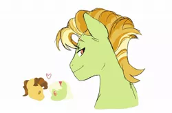 Size: 1024x673 | Tagged: safe, artist:pikokko, derpibooru import, grand pear, granny smith, oc, oc:luster rush, earth pony, heart, offspring, parent:grand pear, parent:granny smith, parents:pearsmith, pearsmith, simple background, white background, younger, young grand pear, young granny smith