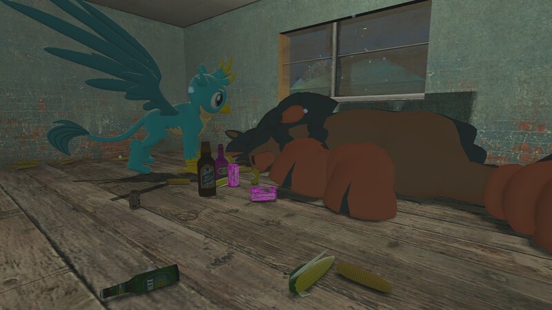 Size: 1280x720 | Tagged: 3d, artist:horsesplease, budweiser, budweiser clydesdales, corn, derpibooru import, drunk, food, gallus, gallus the rooster, gmod, mudsdale, pecking, pokémon, safe, sleeping