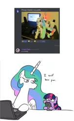 Size: 994x1636 | Tagged: safe, artist:jargon scott, derpibooru import, princess celestia, twilight sparkle, alicorn, pony, celestia is not amused, computer, discord (program), laptop computer, meta, mobile phone, no pupils, phone, photo, plushie, printheth thun, pure unfiltered evil, smartphone, twiggie, unamused