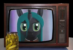 Size: 2560x1752 | Tagged: 3d, artist needed, derpibooru import, food, irl, looking at you, photo, pickle, queen chrysalis, safe, solo, source needed, television