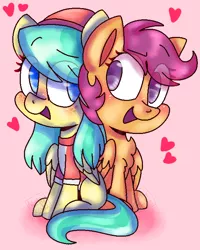 Size: 568x711 | Tagged: safe, artist:awoomarblesoda, derpibooru import, barley barrel, scootaloo, pegasus, pony, rainbow roadtrip, barleybetes, barleyloo, chest fluff, cute, cutealoo, dawwww, eye clipping through hair, female, filly, heart, lesbian, looking at each other, pink background, shipping, simple background, sitting