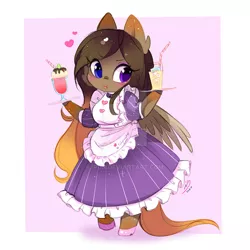 Size: 600x600 | Tagged: anthro, anthro oc, arm hooves, artist:ipun, blushing, chibi, clothes, derpibooru import, deviantart watermark, dress, female, friendship cafe, heart, heterochromia, maid, mare, obtrusive watermark, oc, pegasus, safe, shoes, solo, unguligrade anthro, unofficial characters only, watermark