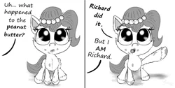 Size: 1280x647 | Tagged: artist:chopsticks, blatant lies, chest fluff, comic, cute, derpibooru import, dialogue, ear fluff, female, food, funny, hoof fluff, horse wife, mare, monochrome, oc, ocbetes, oc:brownie bun, oc:richard, offscreen character, offscreen human, peanut butter, safe, text, unofficial characters only