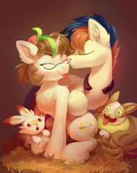 Size: 2832x3592 | Tagged: safe, artist:draconidsmxz, derpibooru import, oc, oc:draconidsmxz, unofficial characters only, earth pony, pony, scorbunny, unicorn, :p, earth pony oc, high res, horn, kissing, nose kiss, oc x oc, pokémon, shipping, tongue out, unicorn oc, yamper