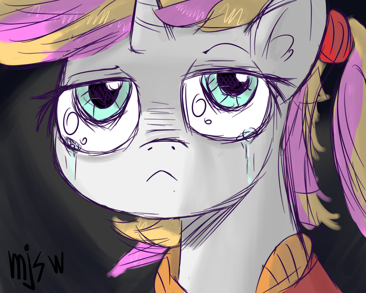 Size: 5000x4000 | Tagged: safe, artist:mjsw, derpibooru import, oc, oc:agnia solicitude, unicorn, crying, sketch, solo