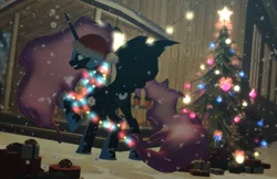 Size: 1700x1100 | Tagged: safe, artist:feuerrader-nmm, derpibooru import, nightmare moon, pony, 3d, christmas, christmas lights, christmas tree, hat, holiday, present, santa hat, snow, snowfall, solo, tree