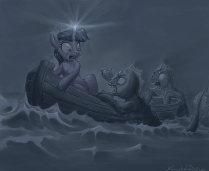 Size: 1833x1500 | Tagged: semi-grimdark, artist:kozachokzrotom, derpibooru import, twilight sparkle, merpony, pony, sea pony, unicorn, boat, cthulhu mythos, ocean